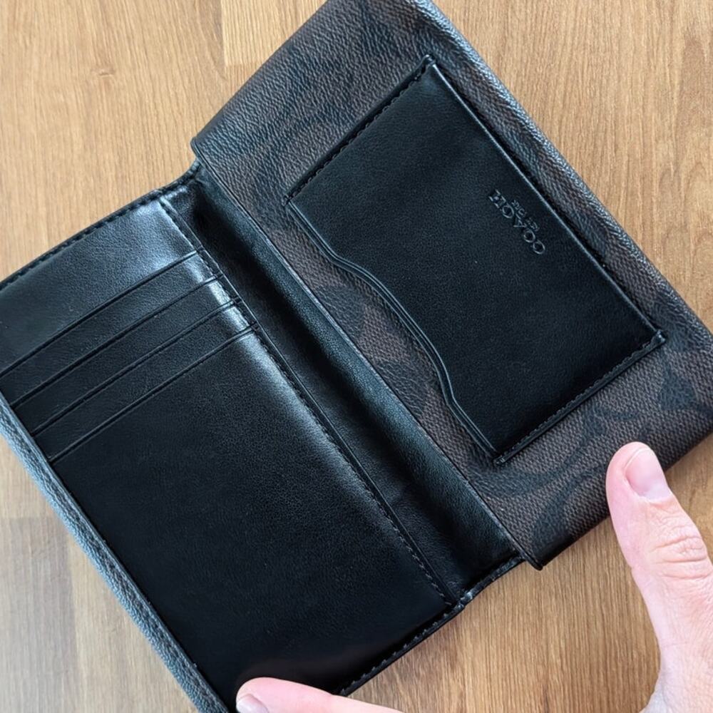 Coach Wallet Unisex Signature Black/Brown Leather Card Holder Tech Phone Wallet - Picture 3 of 8
